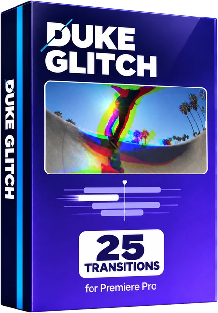 DUKE Glitch for Premiere Pro box, 25 transitions