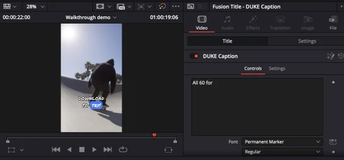 The Resolve Inspector showing the Caption Text of one DUKE caption, ready to edit