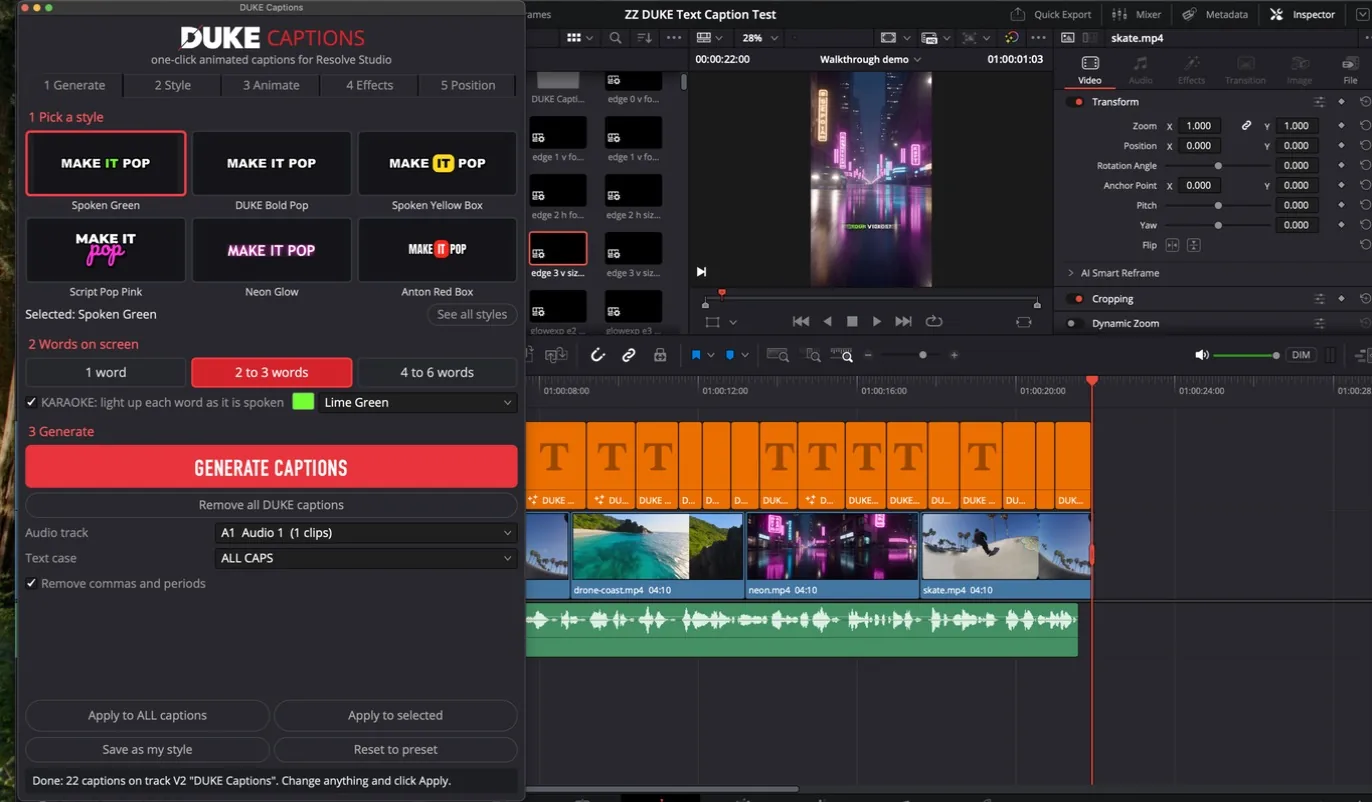 The DUKE Captions panel next to the Resolve timeline, with 22 captions generated on a new track and the message Done: 22 captions on track V2