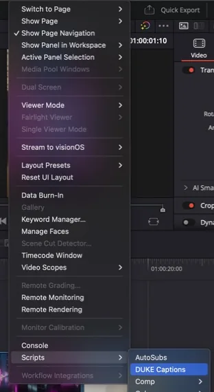 The Workspace menu in DaVinci Resolve with Scripts, DUKE Captions highlighted