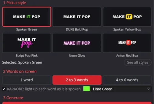 The DUKE Captions panel: style pictures, Words on screen buttons and the karaoke option