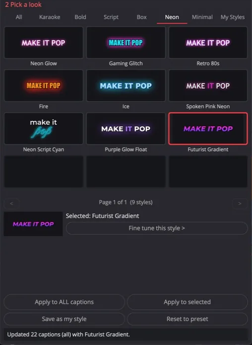 The Style tab after applying the Futurist Gradient style to all 22 captions