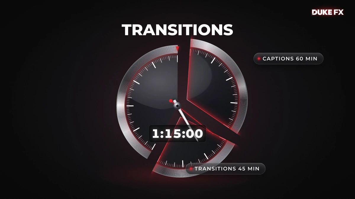 The same clock ring with wedges cut out of it, counter at 1:15:00, under the headline TRANSITIONS.