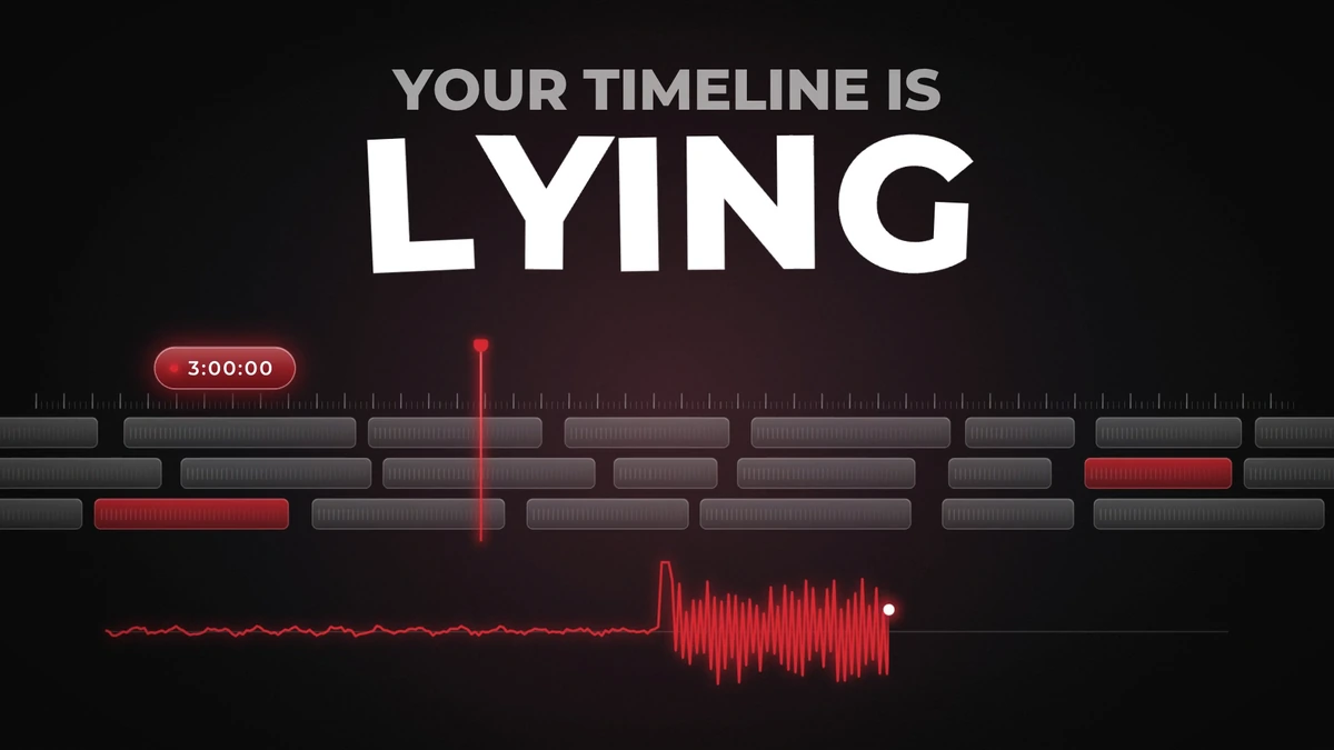 The words YOUR TIMELINE IS LYING over an editing timeline, with a red lie-detector line spiking below it.
